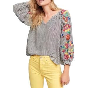 Anthropologie Floreat Blouse Top Women XS Black Soleil Stripe Floral Embroidered